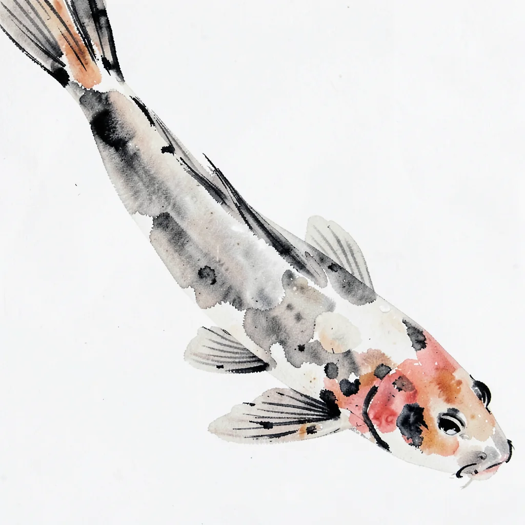 Close-up of a koi fish, one curving stroke of ink with pale tonal wash