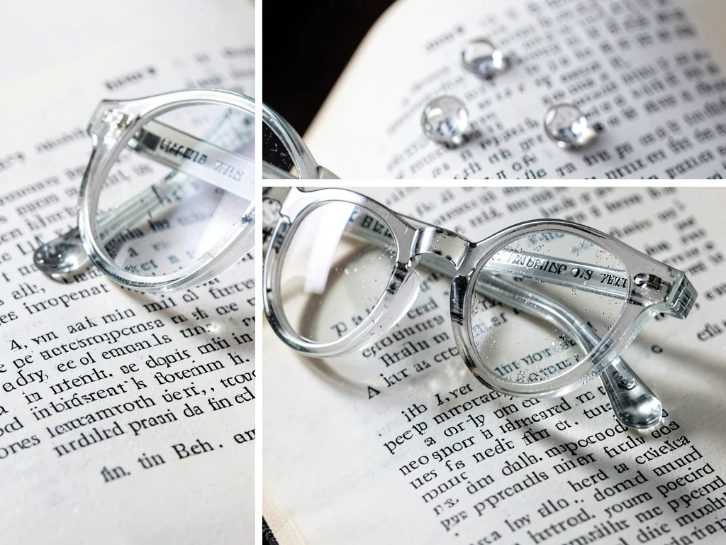 Eyeglasses on open book, lenses distorting text beneath, optical prescription st