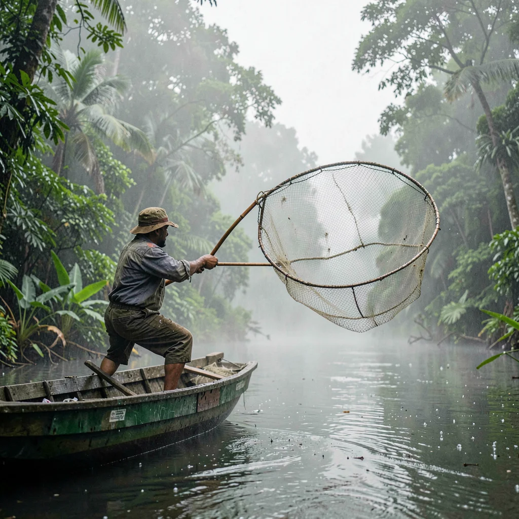 Tropical rainforest photograph, humid jungle atmosphere, A fisherman casting a c
