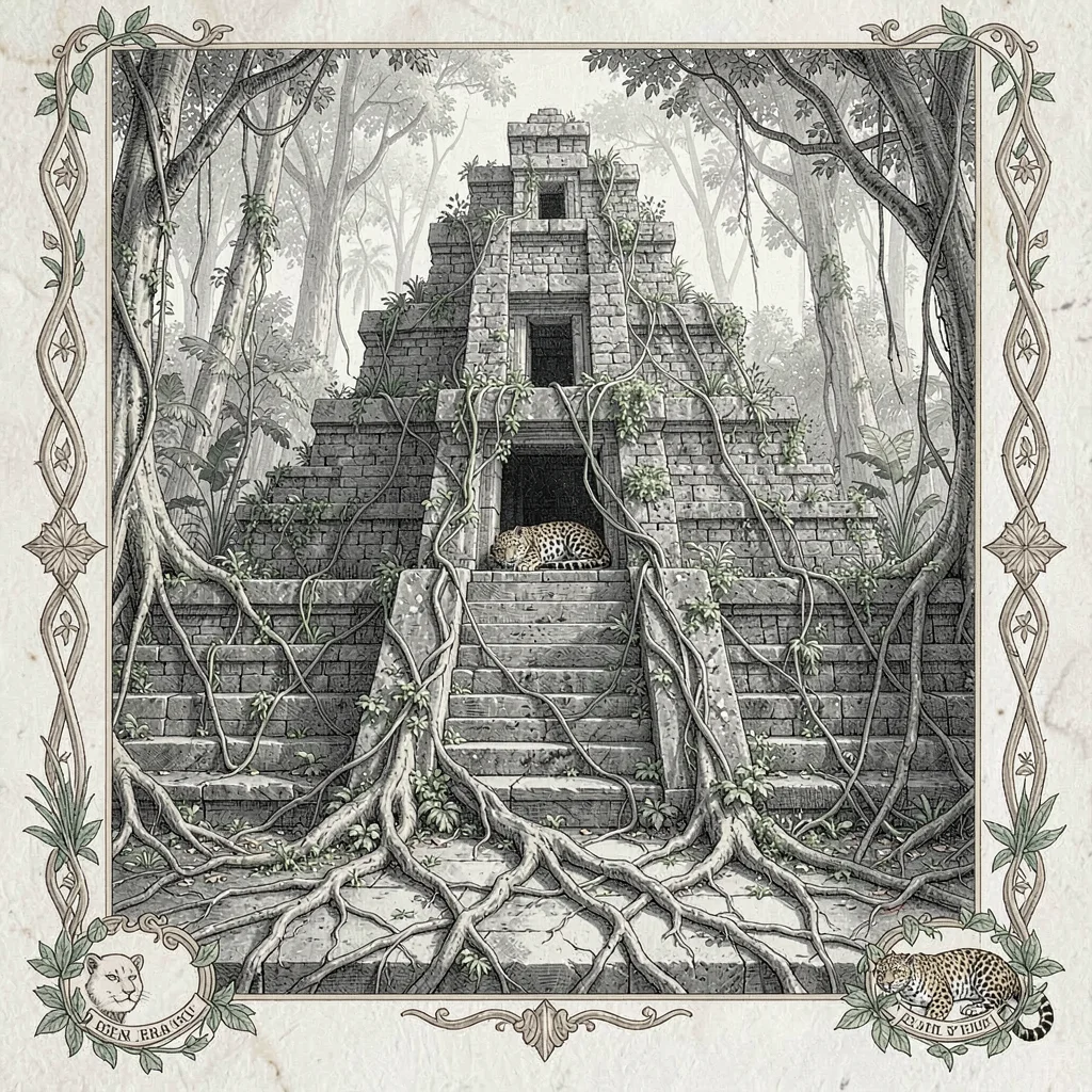 A Mayan jungle ruins overgrown-temple plan with vines climbing pyramid steps, ja
