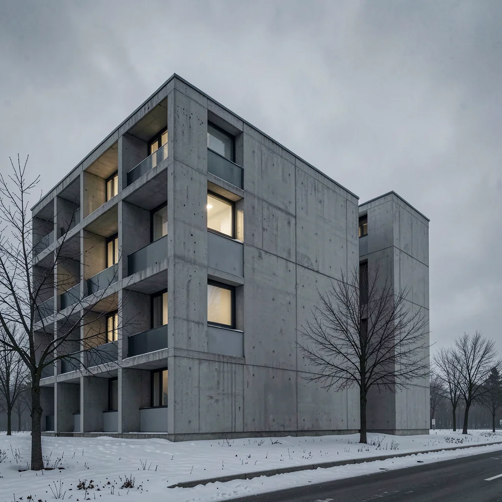 Stark Baltic minimalism, contemplative mood, Brutalist concrete apartment block 