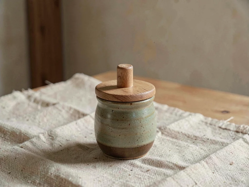 One small ceramic sugar pot with wooden lid and earthy glaze sitting central on 
