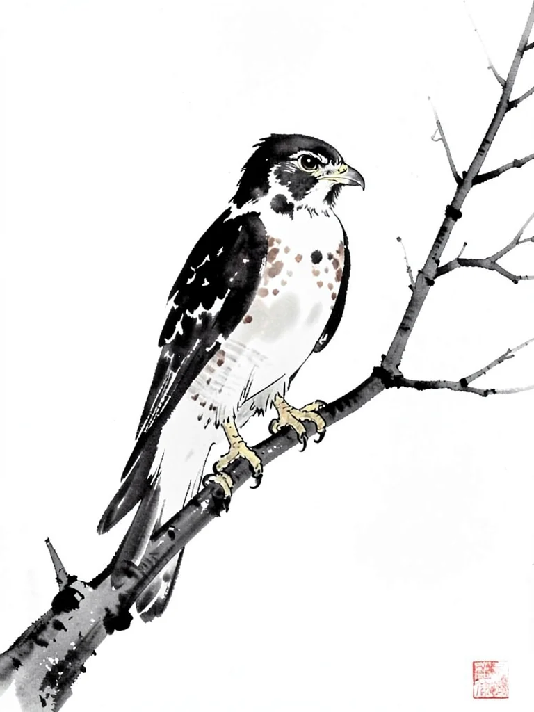 Hawk perched on a bare branch, eyes alert, heavy ink on light breast