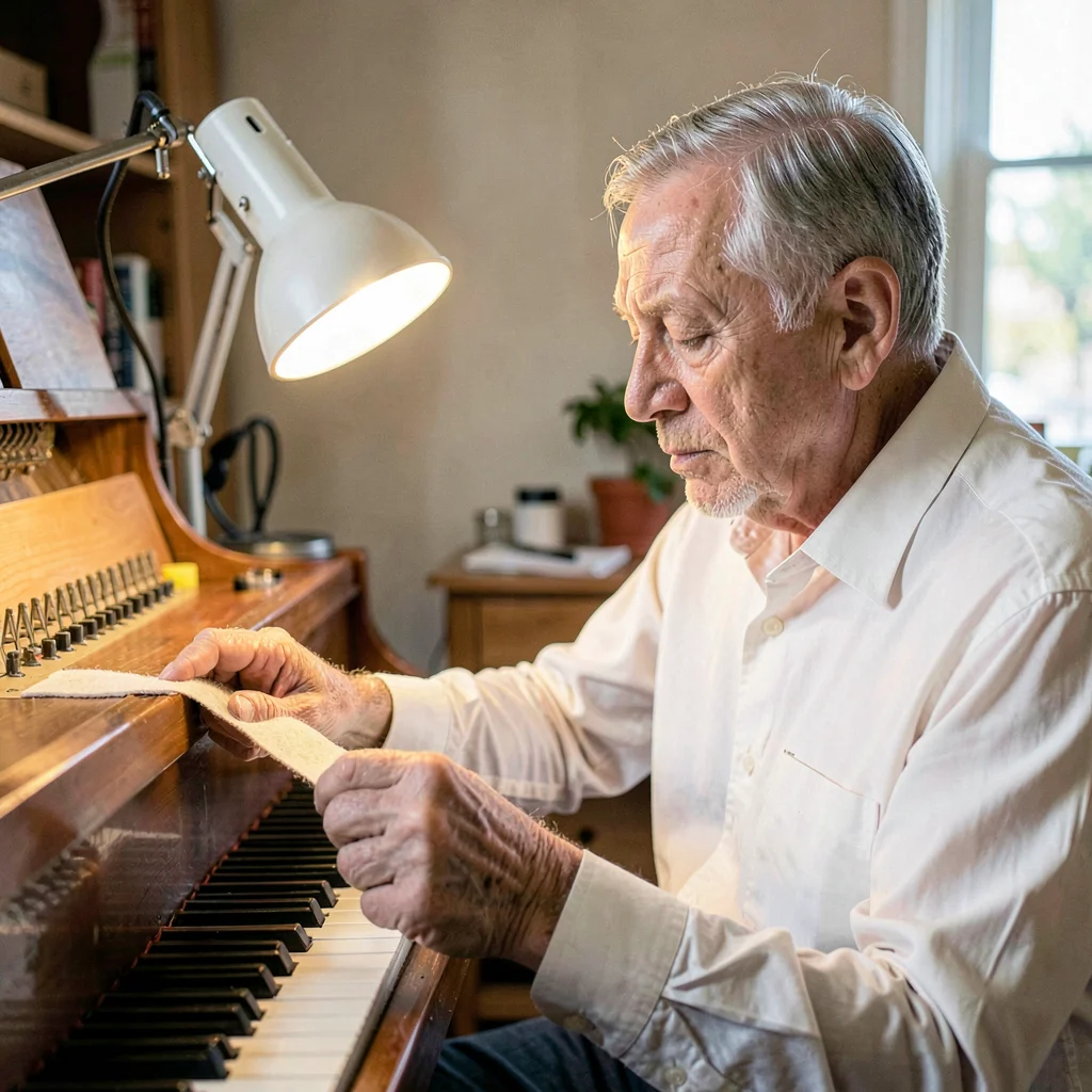 A patient white piano-tuner in his fifties laying a felt strip between strings, 