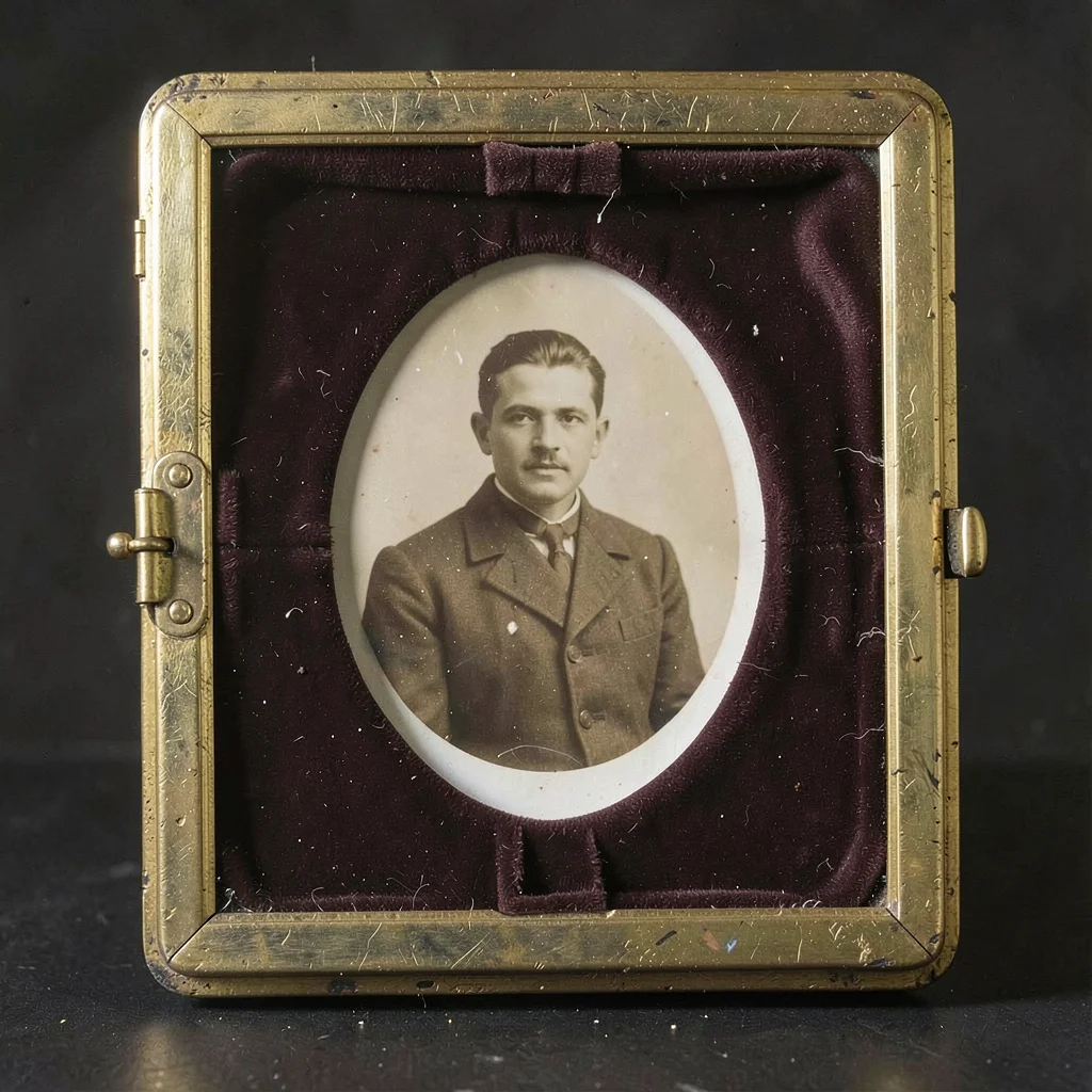 Detail of gilded case hinge and velvet lining around an ambrotype oval, actual i