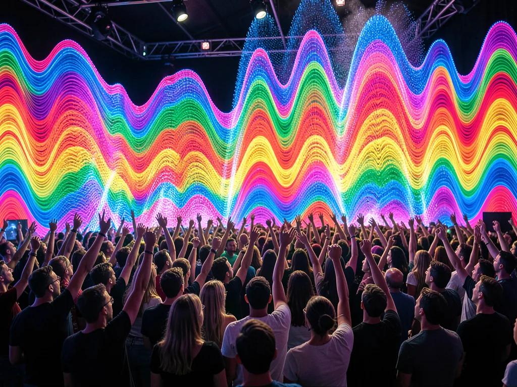 Crowd cheering shown as rising wall of multicolored overlapping waves