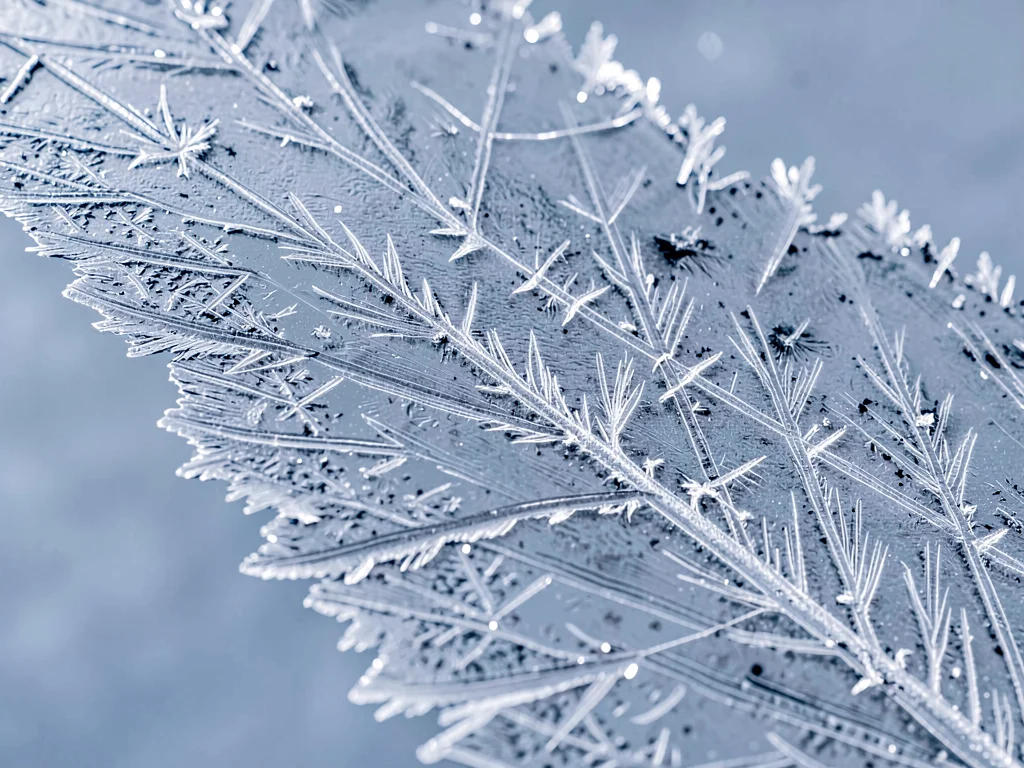 Rime ice coating showing directional growth toward wind source