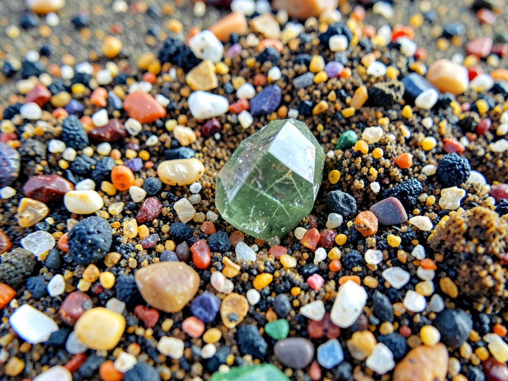 Olivine crystal visible in volcanic beach sand
