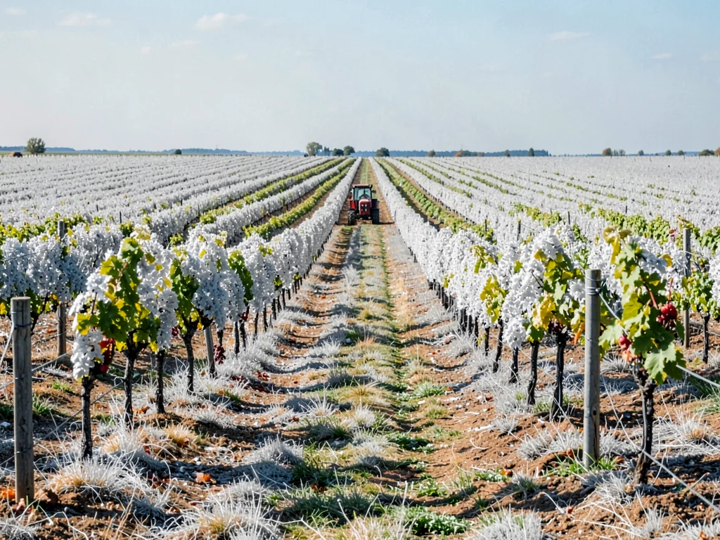 Vineyard rows stretching to horizon, grapevines white as ash, single red tractor