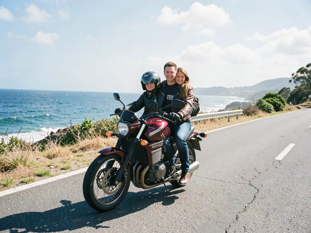 Couple on motorbike on coastal road