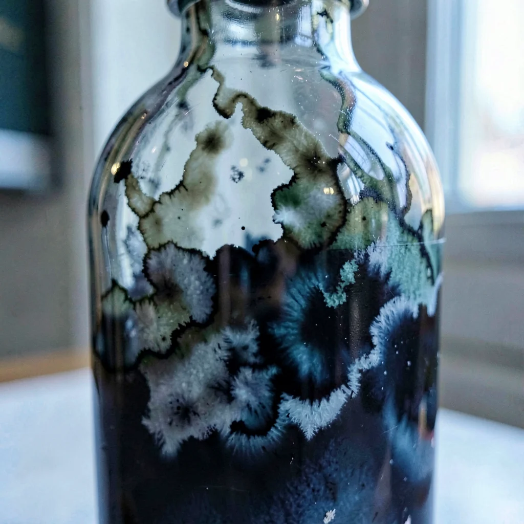Tight macro of an ink-stained glass bottle with deep mineral pigment swirls, glo