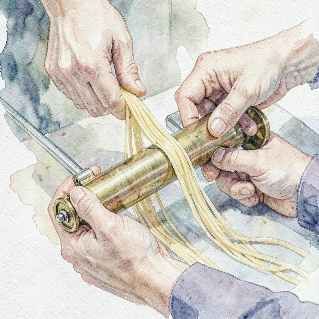 Documentary photo of hands cranking a brass pasta extruder, fresh strands emergi