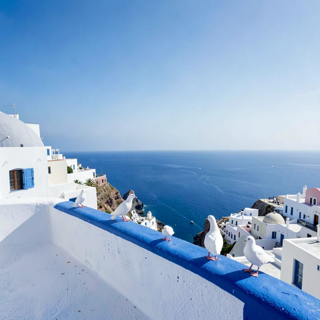 Sidi Bou Said cobalt-white, cliff-top absolute palette, White doves on blue roof