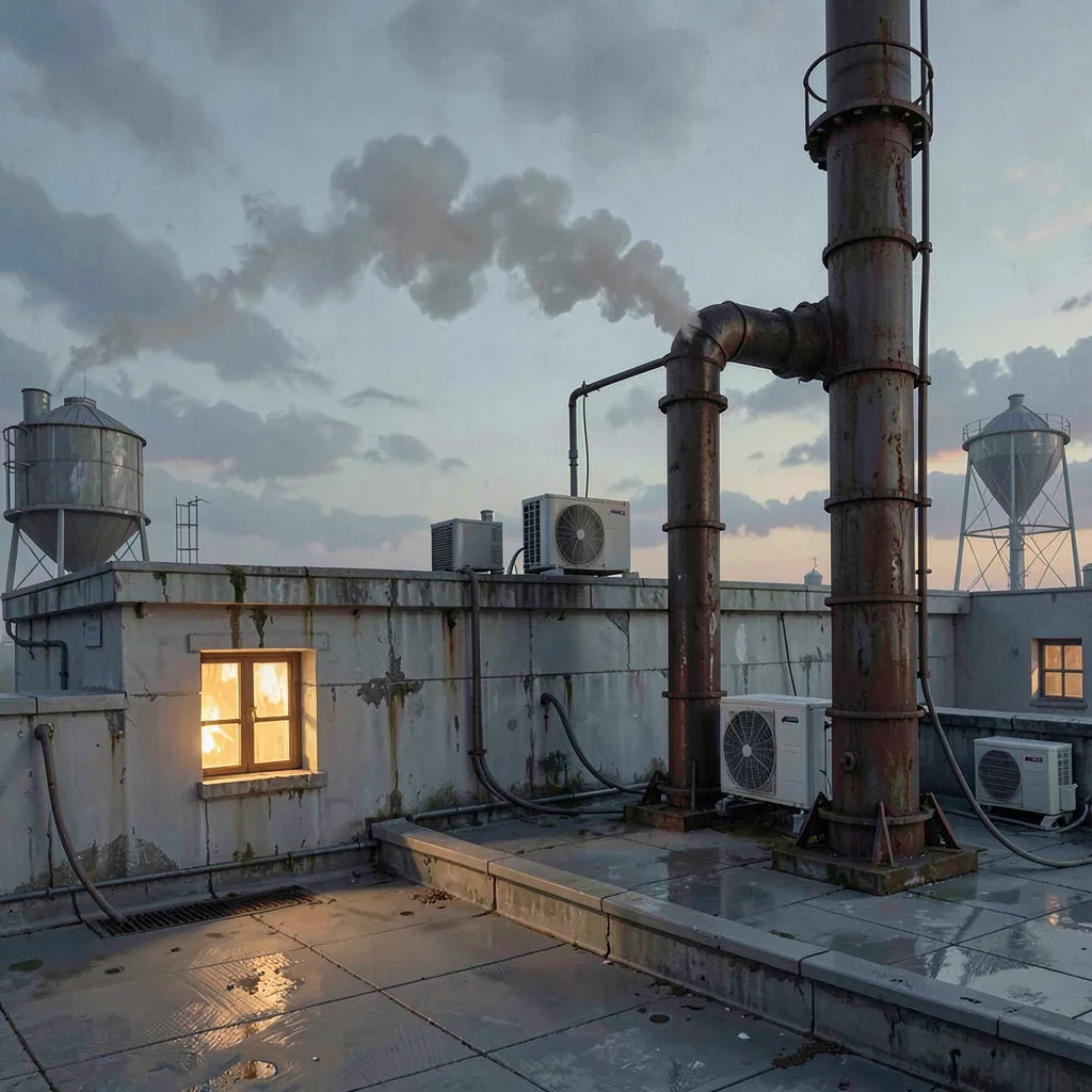 A weathered industrial roastery rooftop at dusk, cast-iron exhaust stack venting