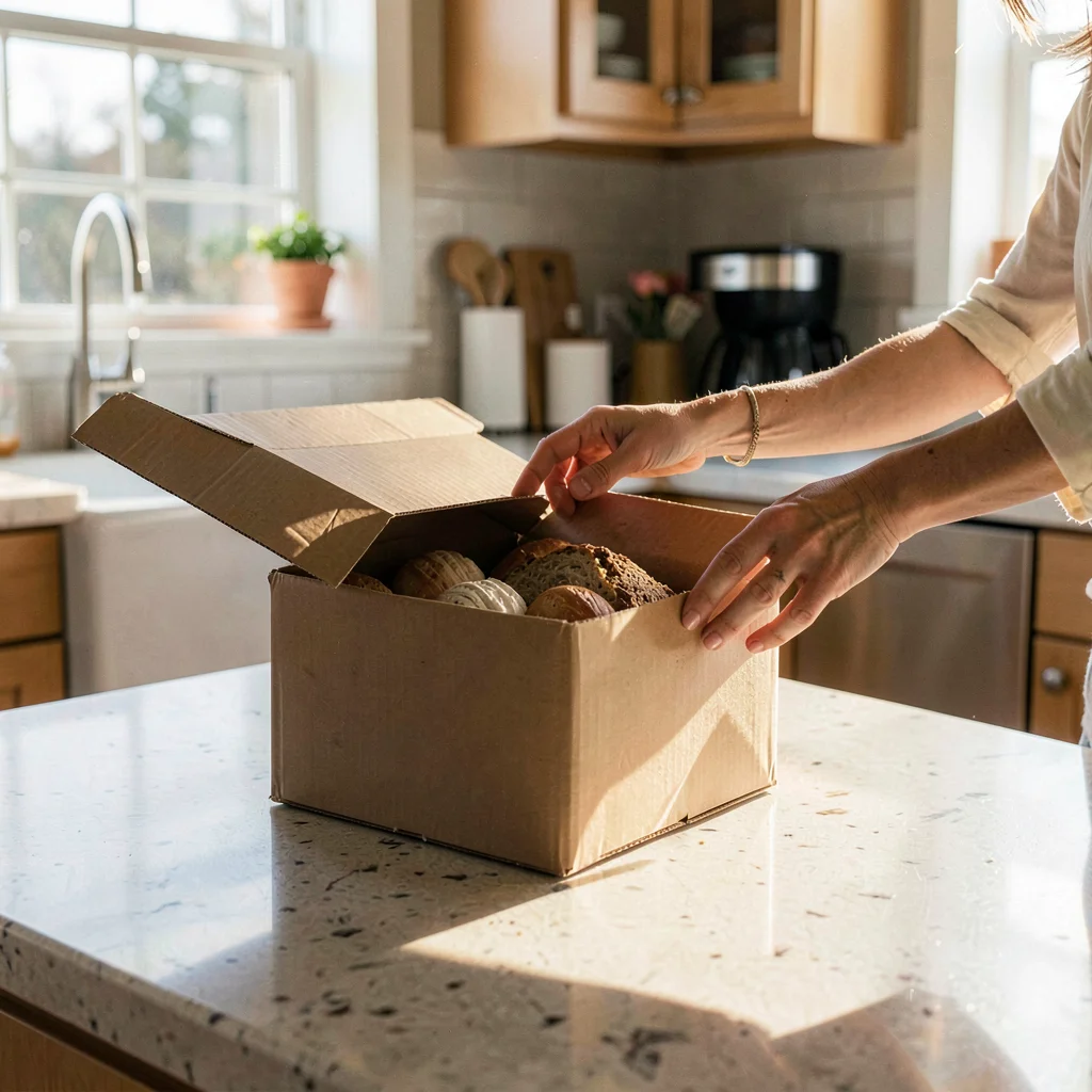 Lifestyle product photograph, Hands opening package on kitchen counter, anticipa