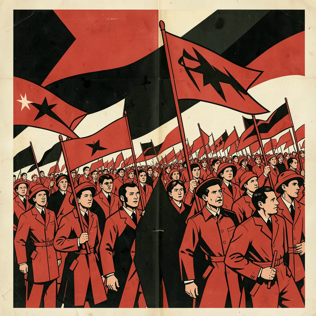 Soviet constructivist poster illustration, a crowd marching with banners aloft ,