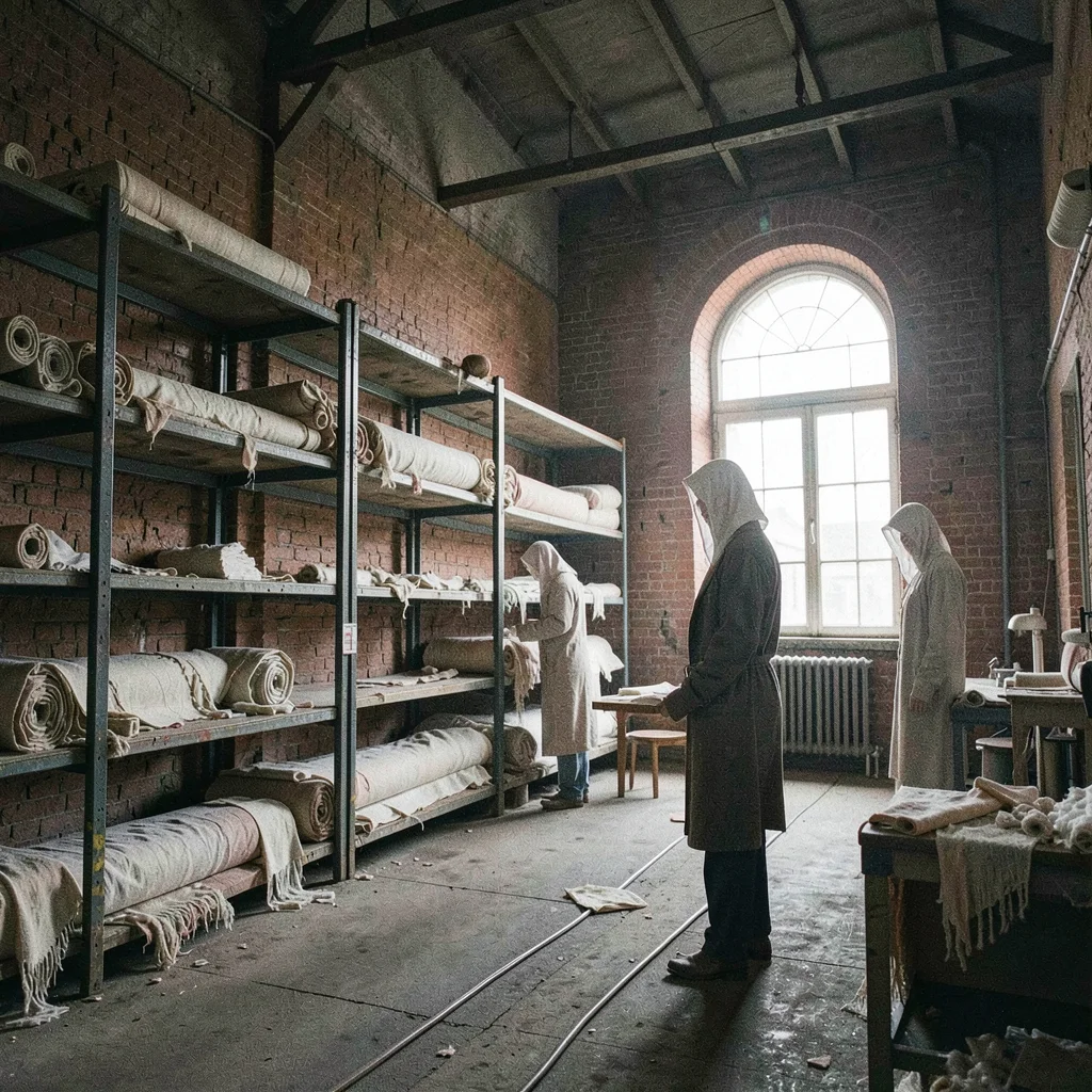 Textile factory ghosts in industrial Łódź, textile warehouse shelves empty excep