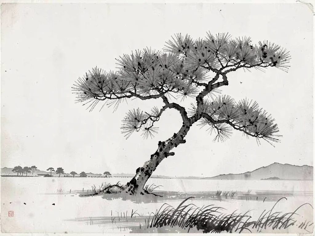 Single pine branch crossing empty fog field