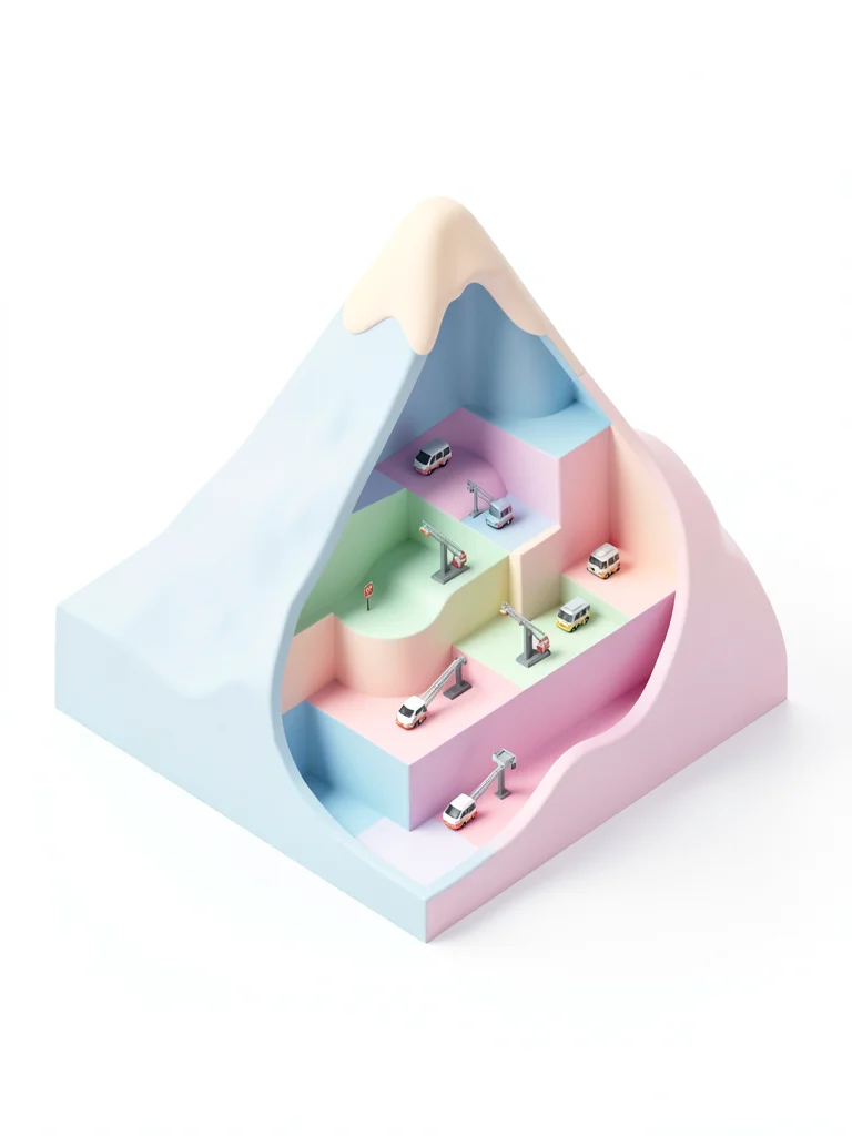 Cutaway isometric view of a soft pastel mountain revealing internal levels of ro
