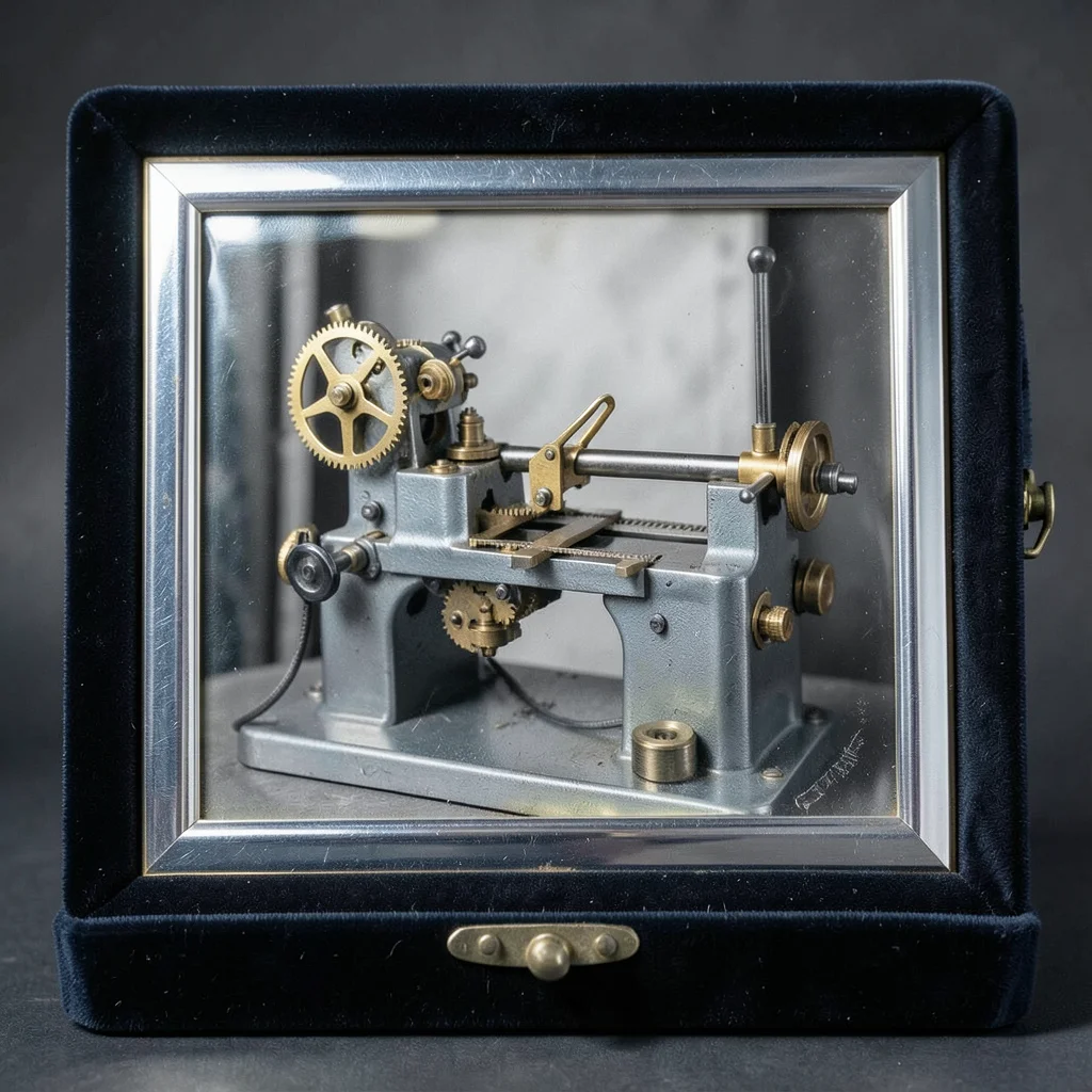 A watch-making lathe with brass gears and micro-tools arranged on the carriage, 