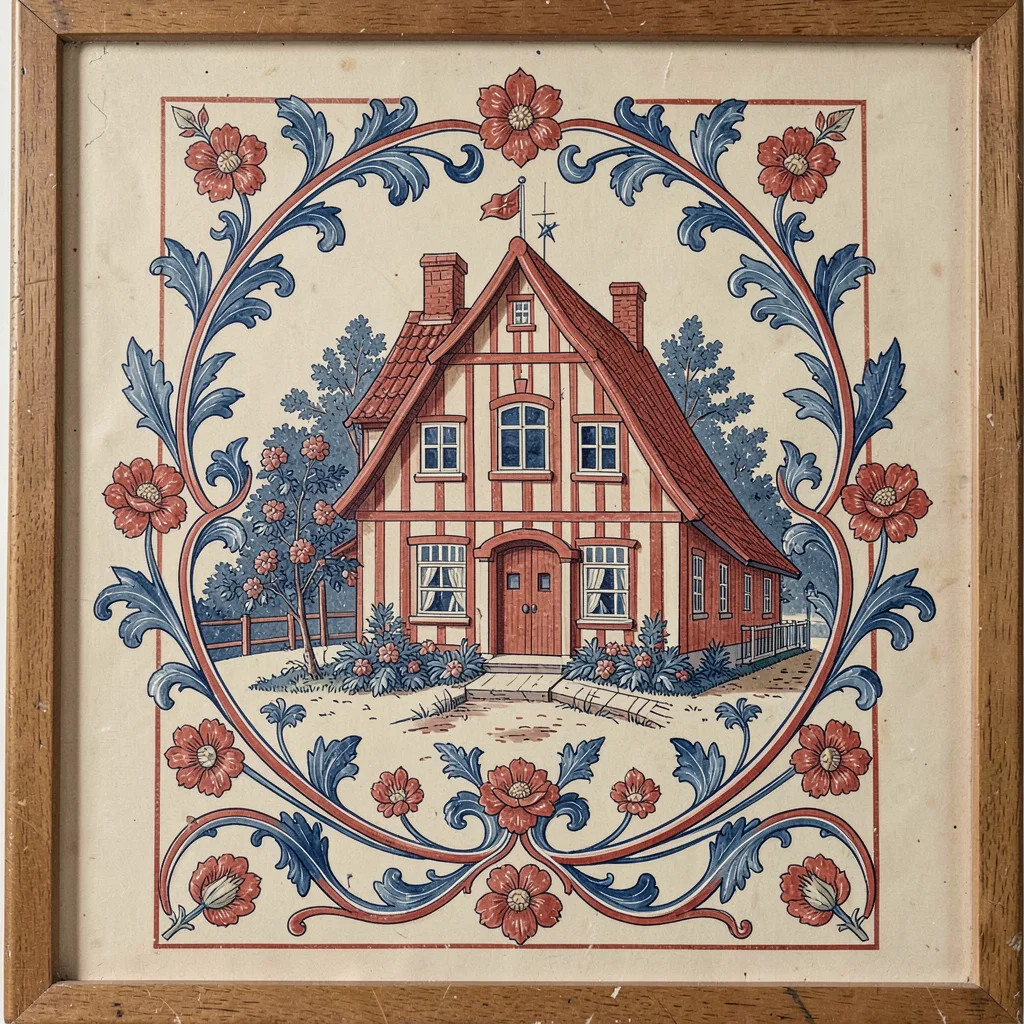 Scandinavian rosemaling illustration, traditional house blessing with flower bor