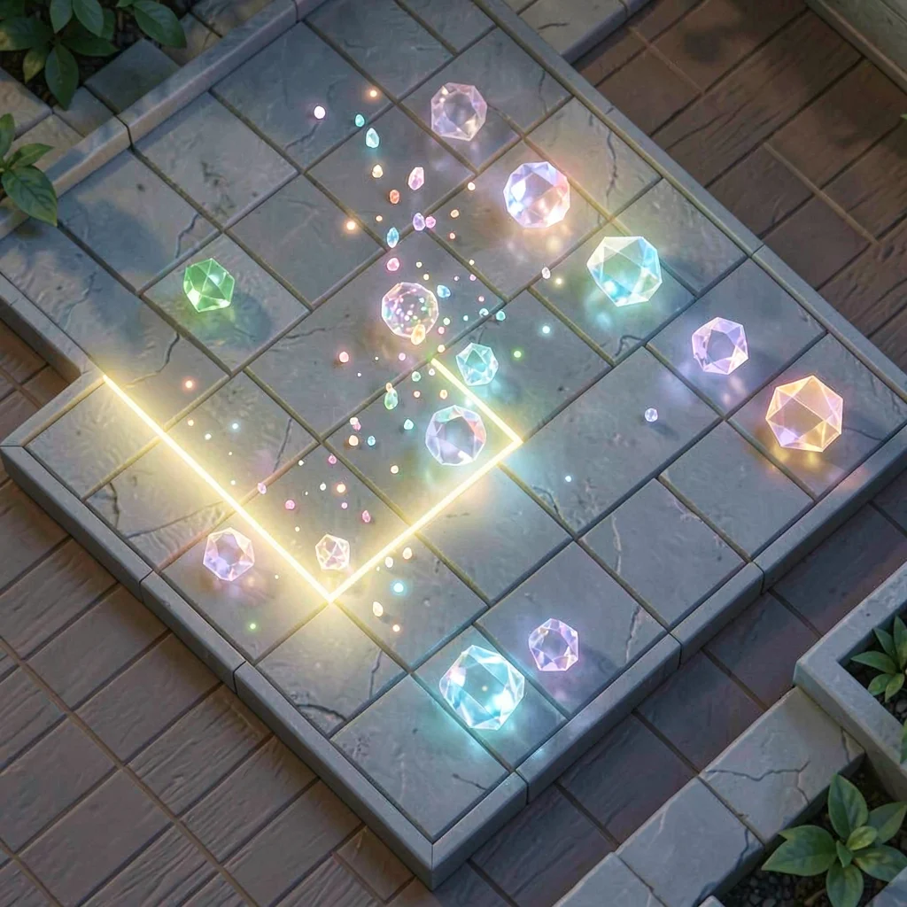 Top-down isometric puzzle board with a glowing cleared row, pastel gems dissolvi