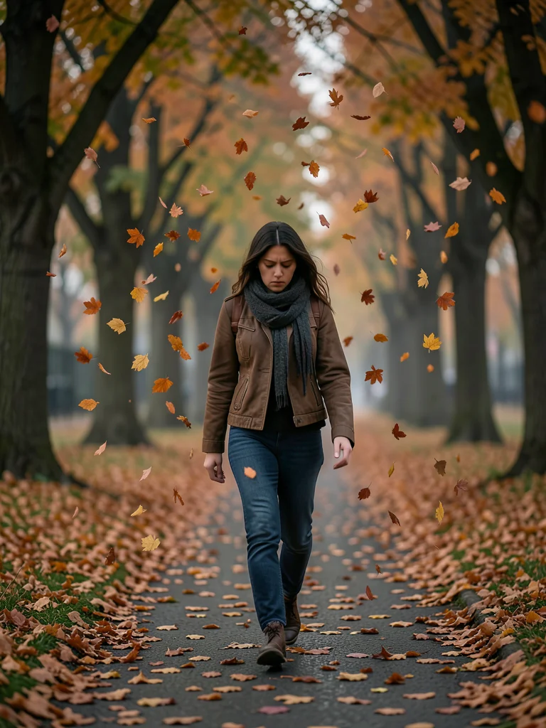 Melancholy — person walking through personal autumn, leaves falling only around 