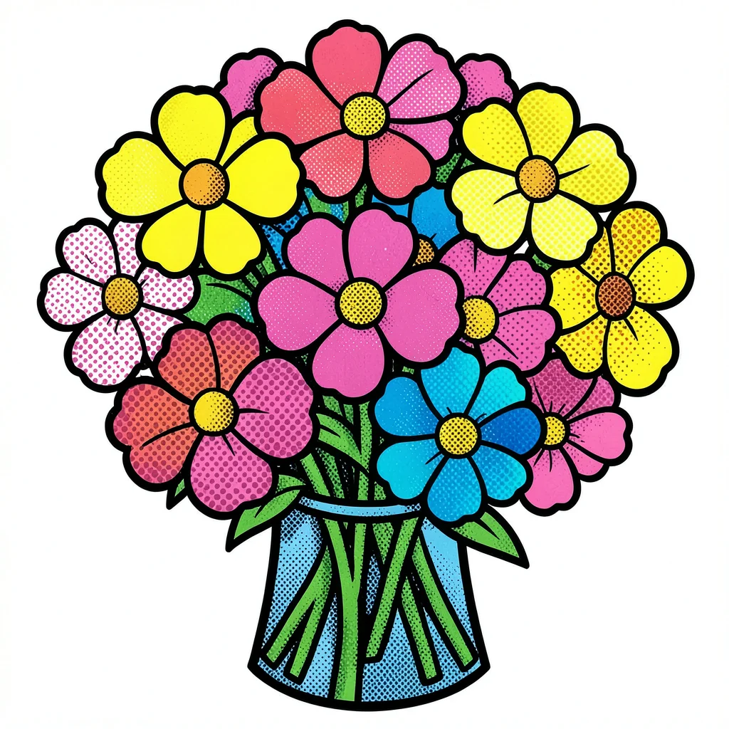 Bouquet of flowers — each bloom flat color with halftone shadow dots