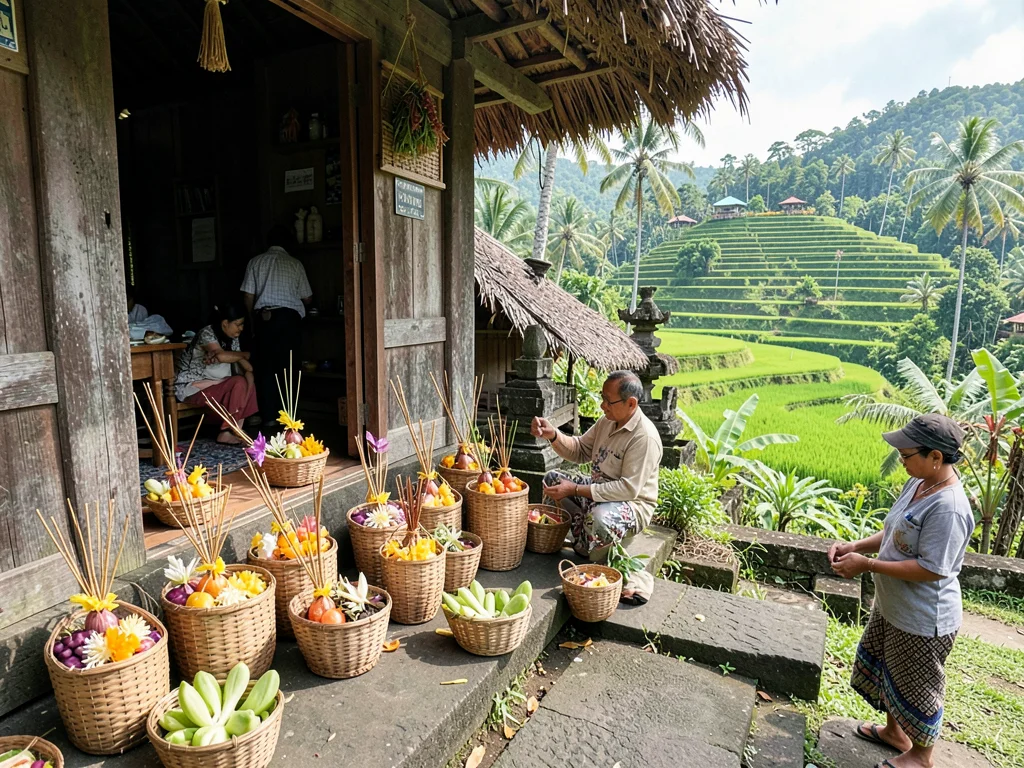 Canang sari clustered at warung entrance