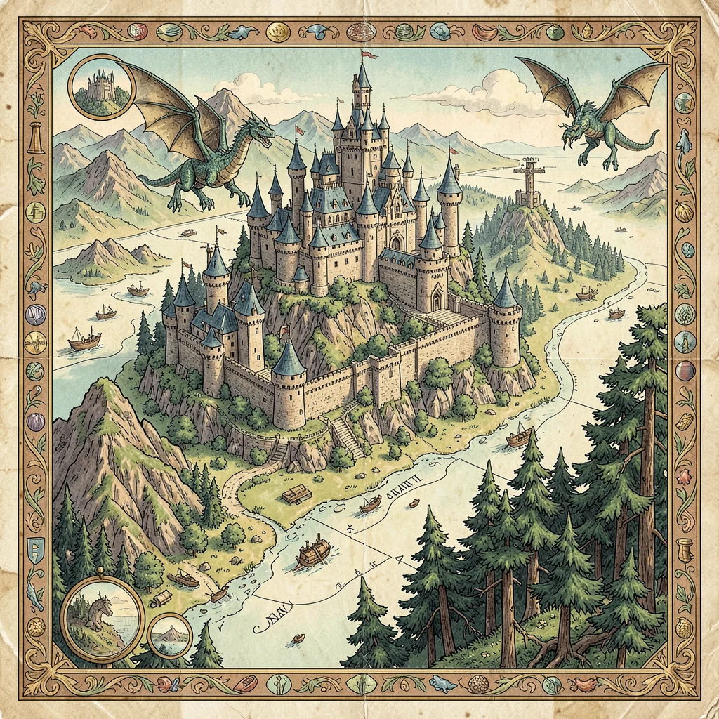 Illustrated map illustration, Fantasy kingdom with castle, dragon, and forest , 