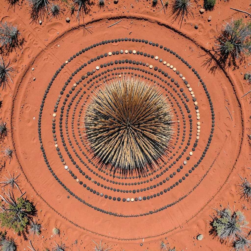 Single spinifex grass clump on red sand, aerial view — radial spike pattern from