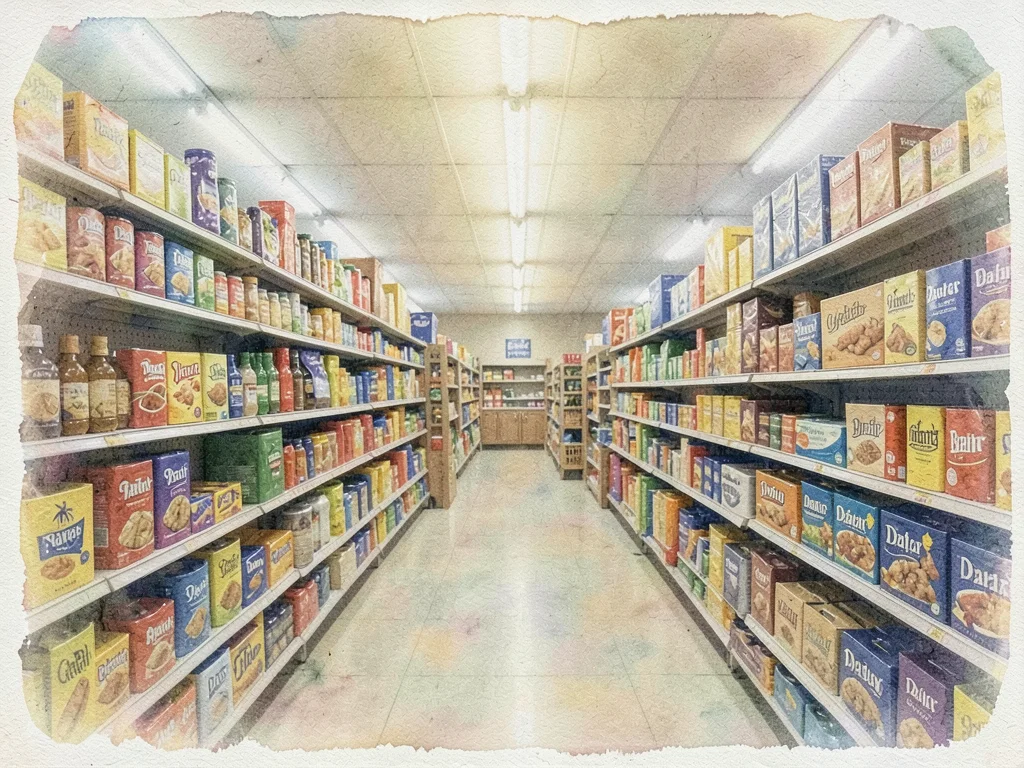 Dollar store aisle, fluorescent lights over cheap goods stacked high, gum bichro