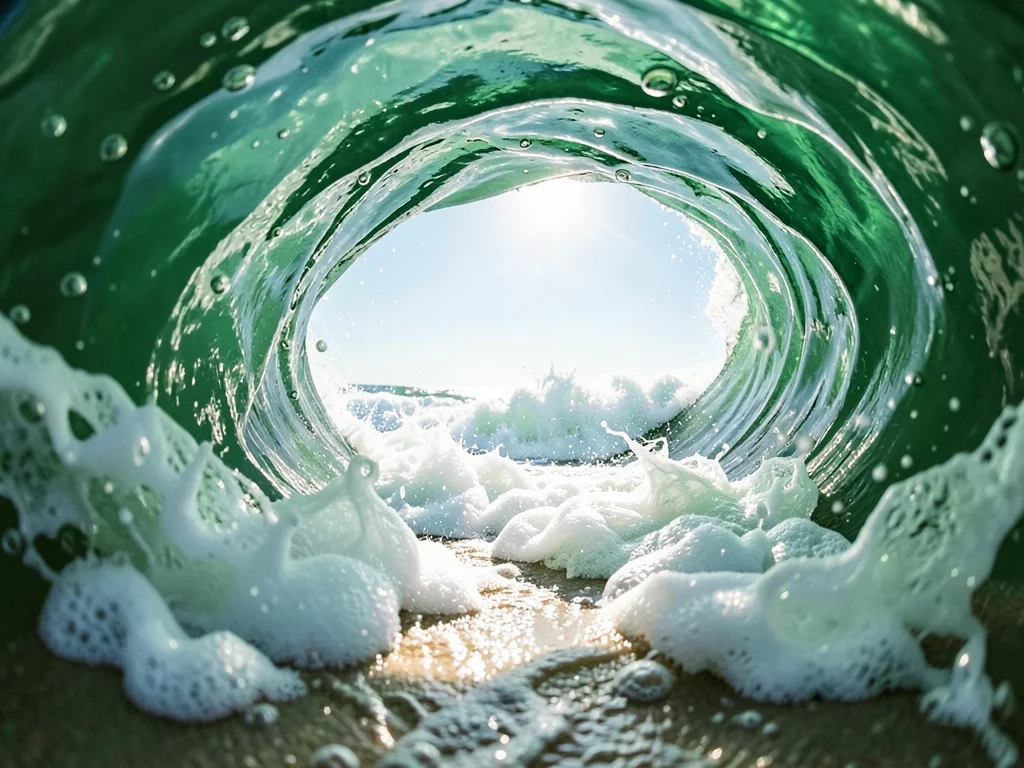White water foam racing up a beach after shore break — bubbles and turbulence in