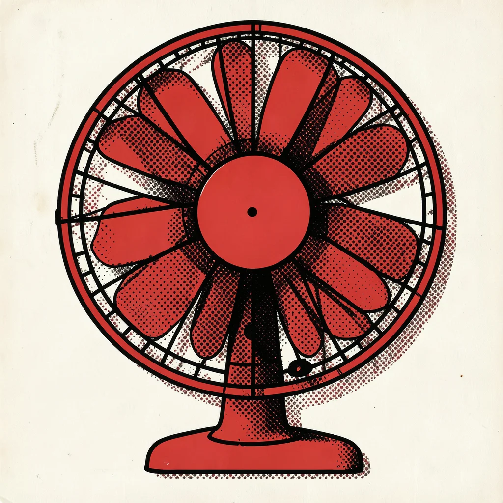 Electric fan viewed straight-on, flat red body, halftone dot shadow
