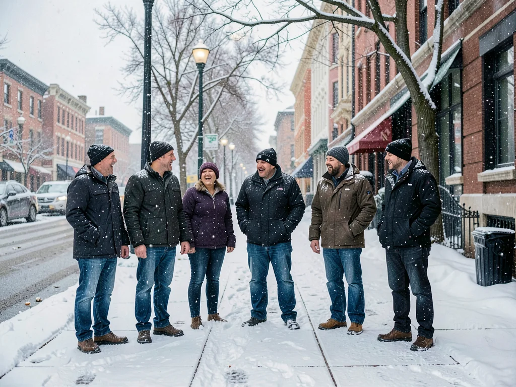 Adults pausing on sidewalk, collective moment of noticing, city slowing down