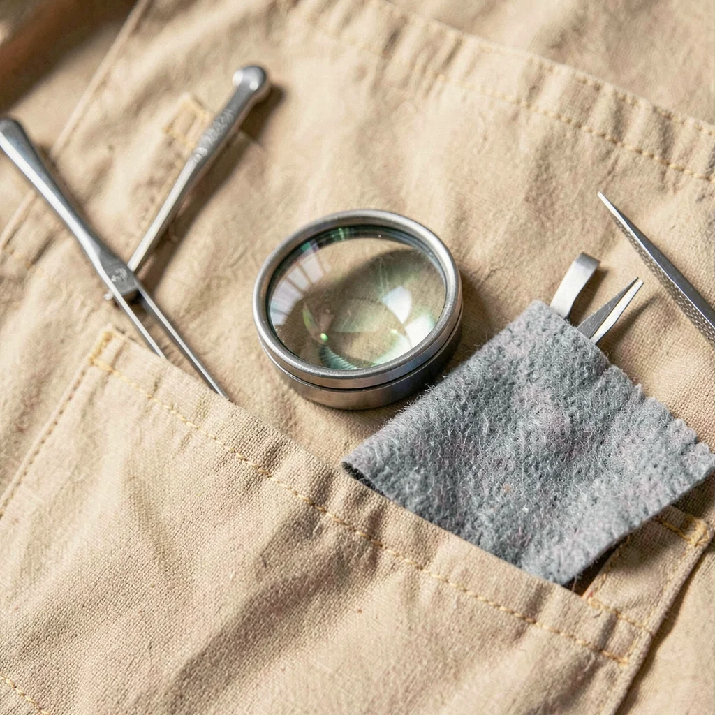 Close portrait of an apron pocket holding a loupe, soft tweezers, and a microfib