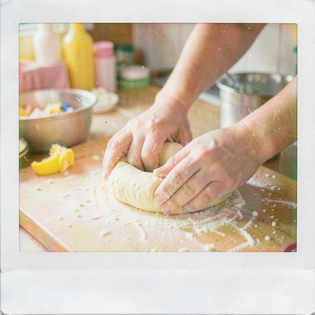Expired Polaroid instant film photograph, Hands kneading bread dough on floured 