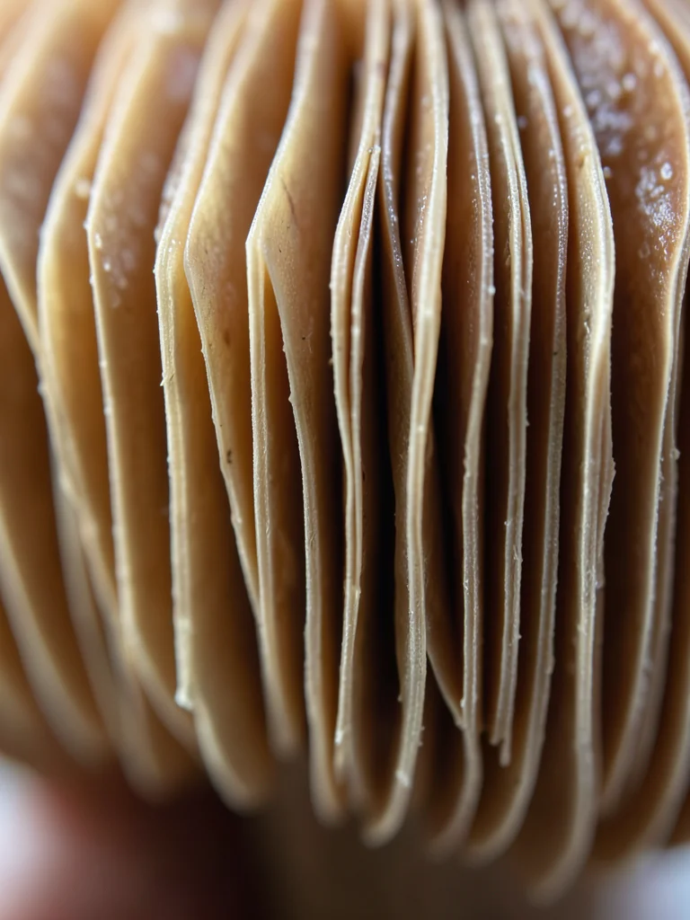 Mushroom gill edges at extreme close range, spore-bearing surfaces hanging in pa