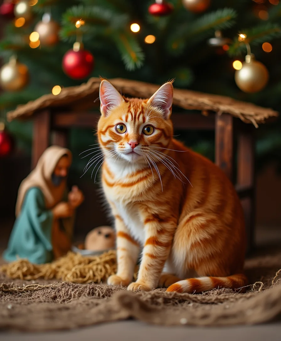 Orange cat sitting in nativity scene under a chris