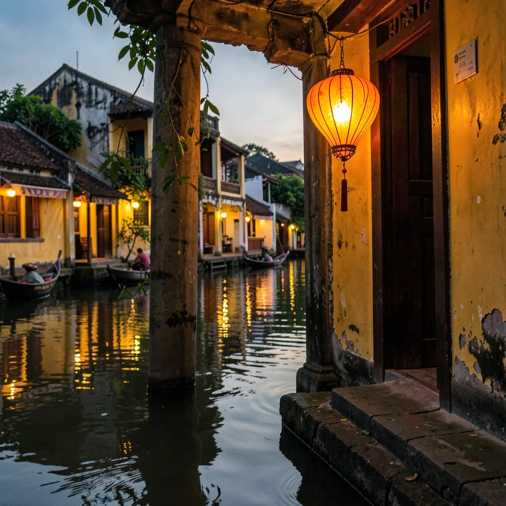 Hoi An lantern glow, silk amber on water, single orange lantern hanging in doorw