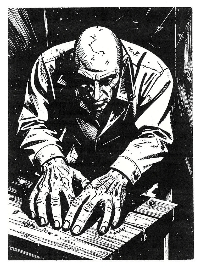 Worker hunched over a table, hands large and angular, face in harsh shadow