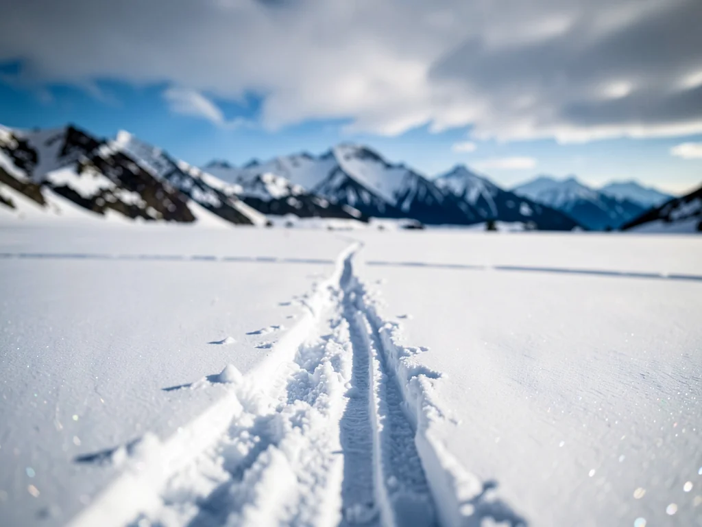 Snow field from tracks to distant peaks