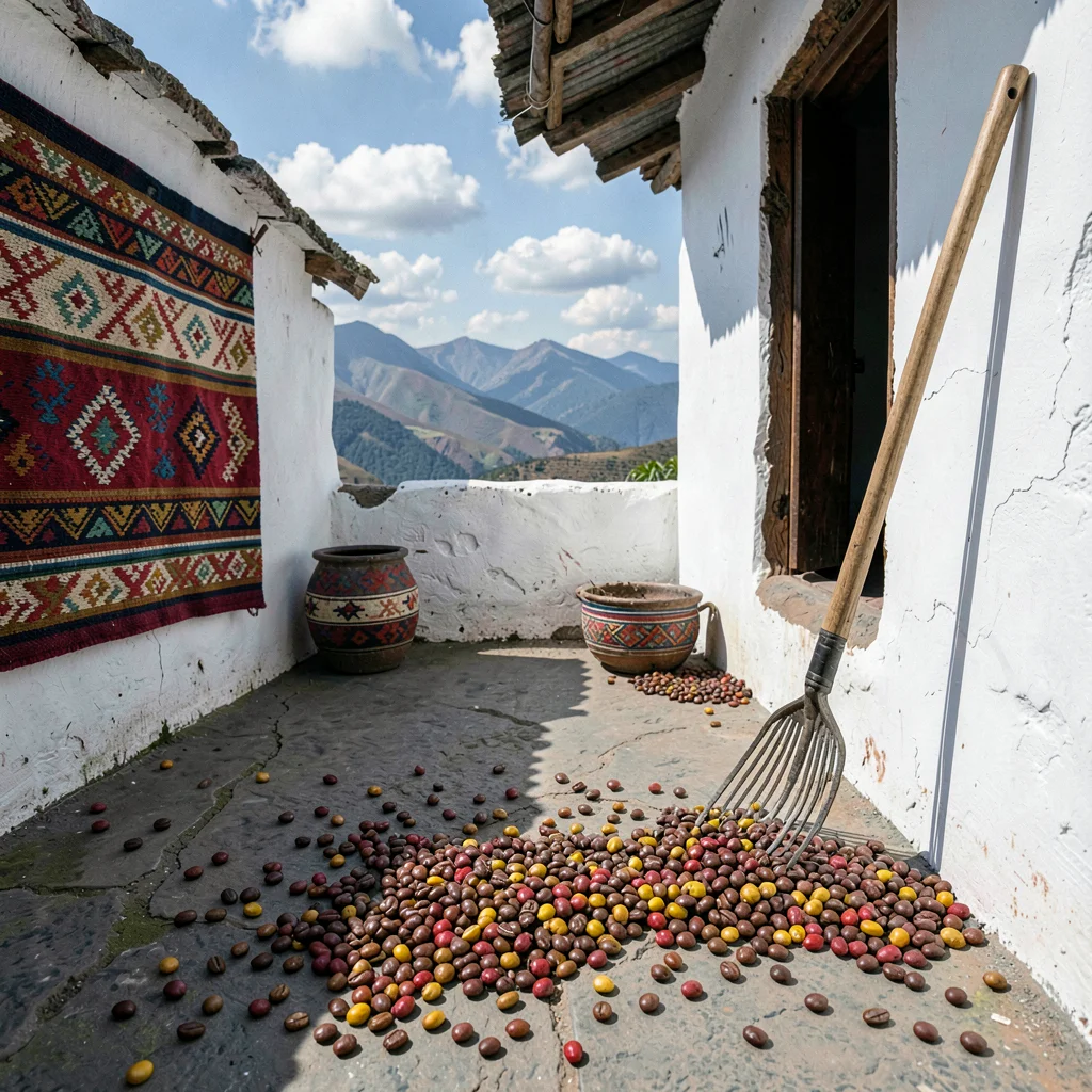 Documentary photograph with Guatemalan highland aesthetic, Coffee beans drying o
