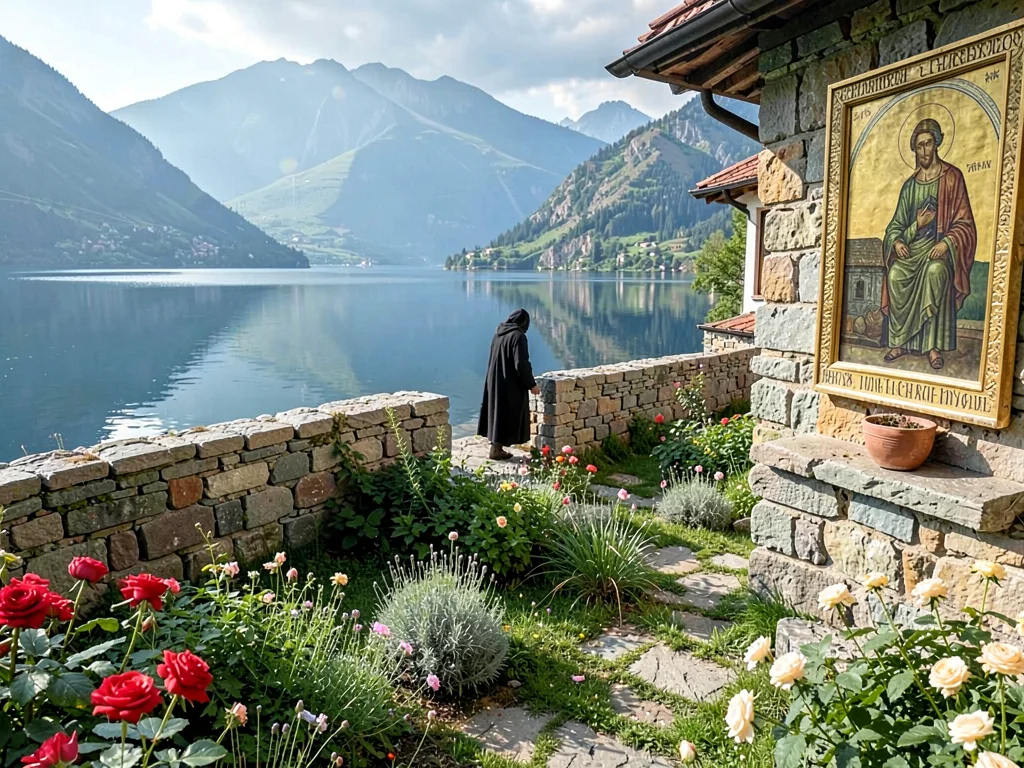 Monastery garden above lake