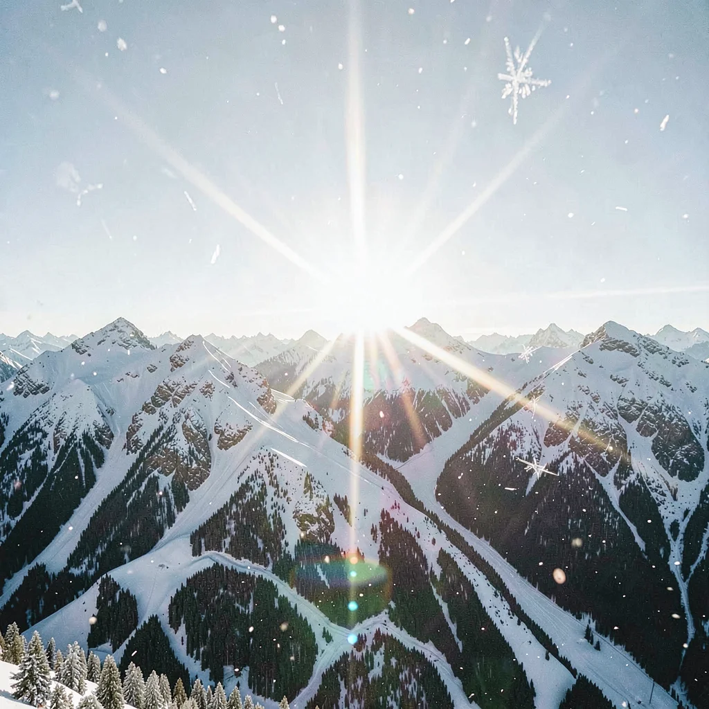 Crystal clear high-altitude light, sharp mountain air quality, Sun dogs flanking