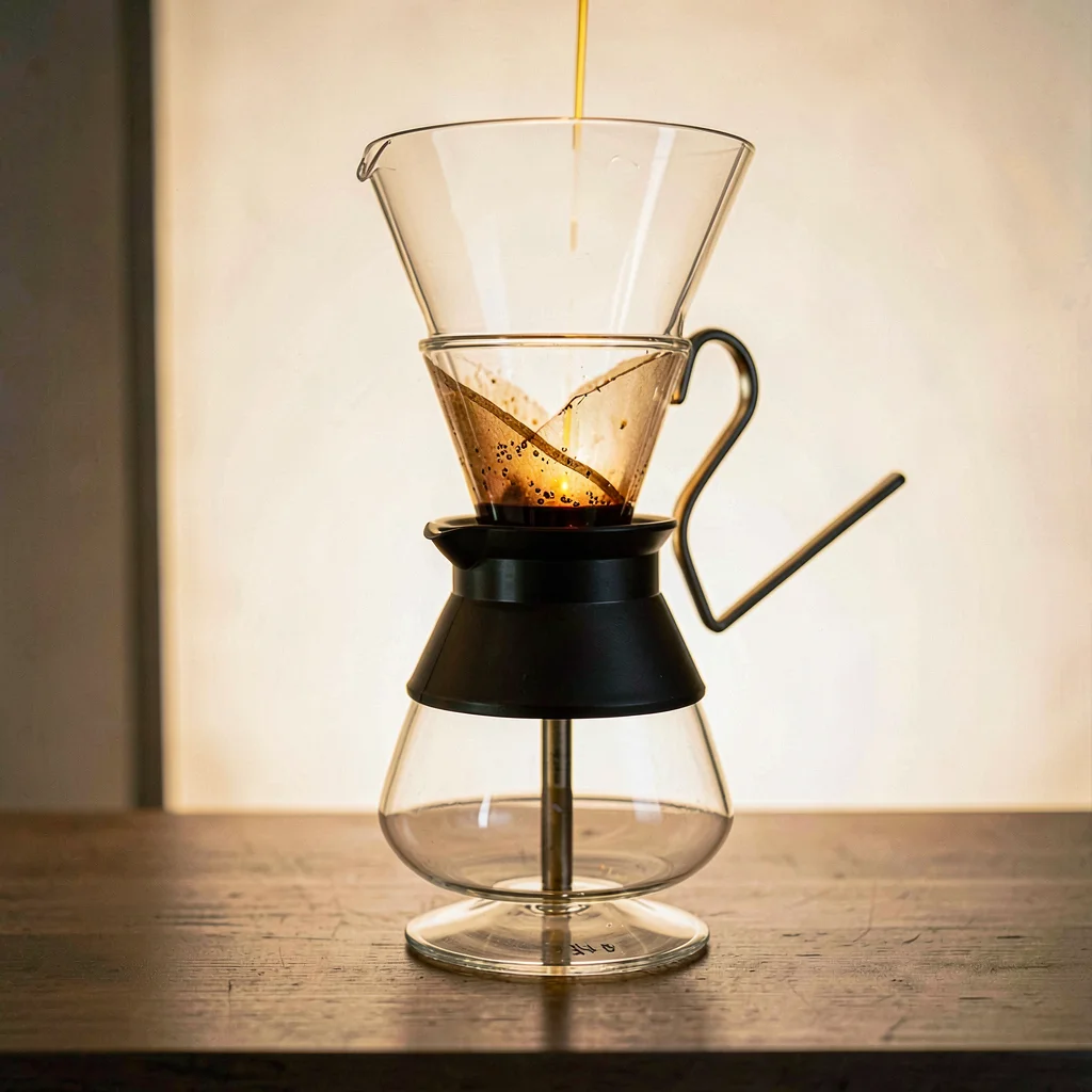 Pour-over dripper above a glass server, lightbox-soft backlight glowing through 