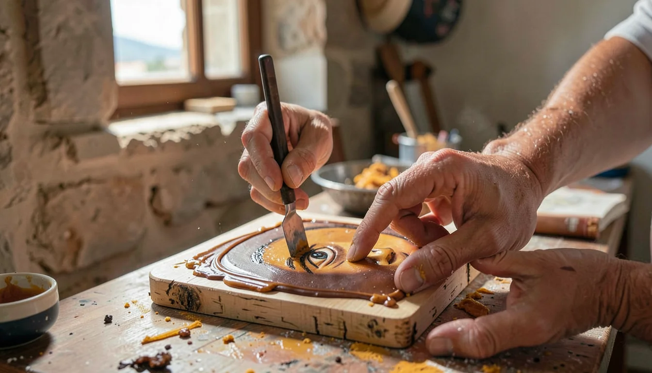 Warm encaustic painting studio on a Greek island, intimate and close, Mediterran