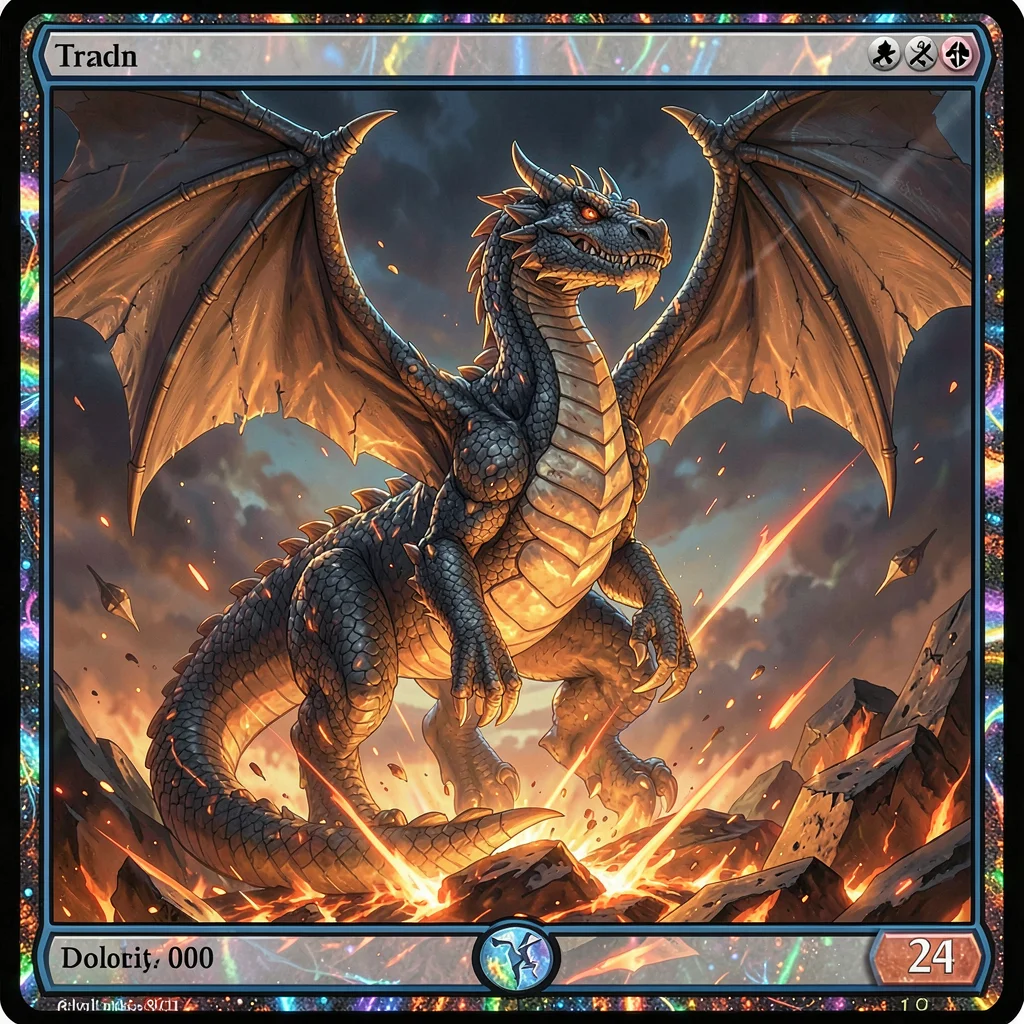 Trading card game illustration, a majestic dragon emerging from a volcanic erupt