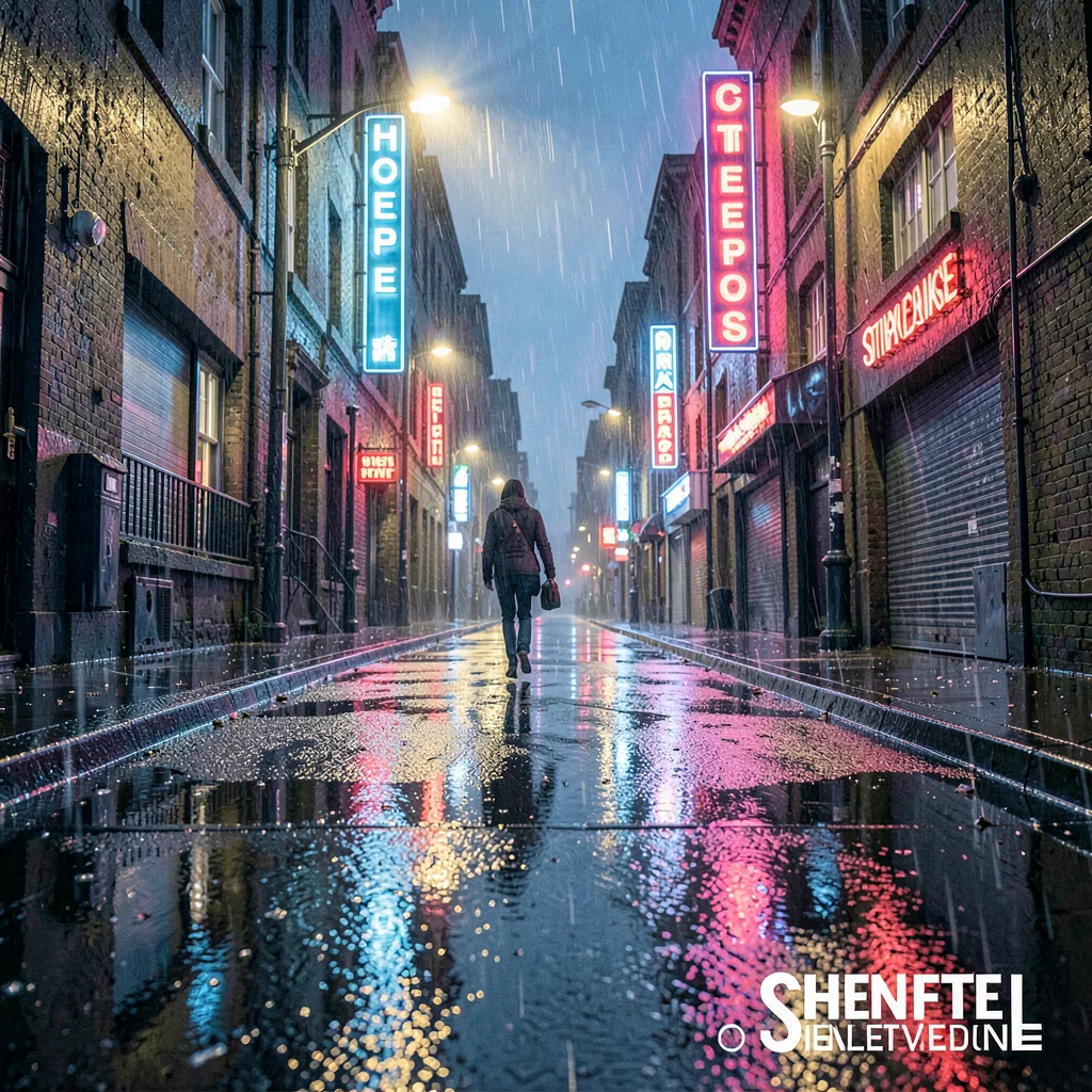 Through Sheffield steel vision, forged metal consciousness, Rain on a steel city