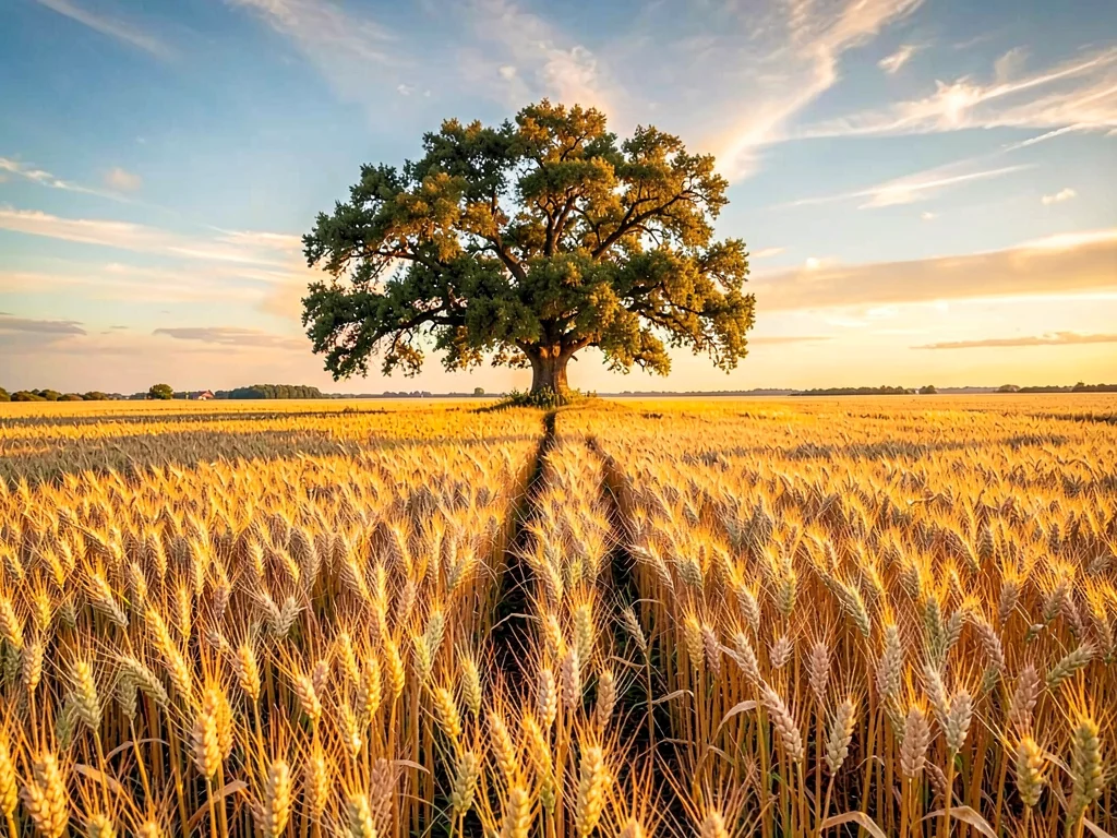 Golden field with single tree island